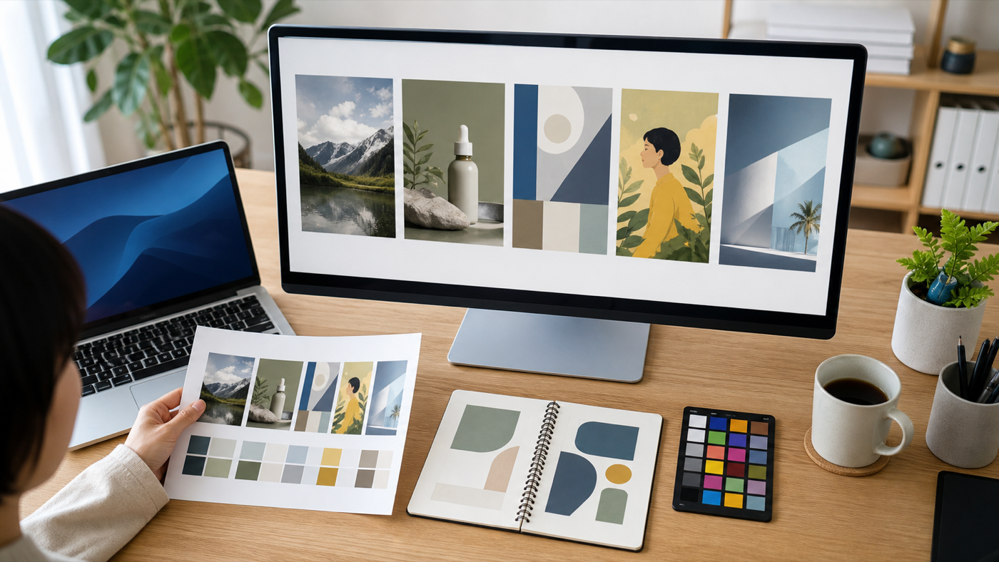 5種類の異なる画像案と色見本を見比べ、画像生成AIを選ぶ作業机