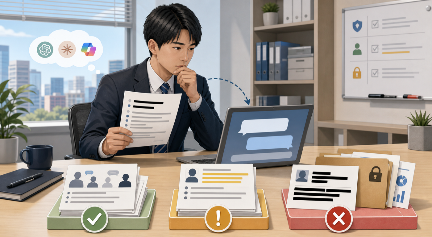会議メモをAIへ入れる前に安全、要確認、入力しない情報へ分けて考える仕事場面図