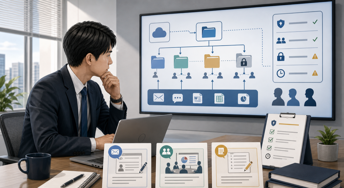 Microsoft 365 Copilotの検討時に共有フォルダ、権限、メール、会議メモを見直す場面図