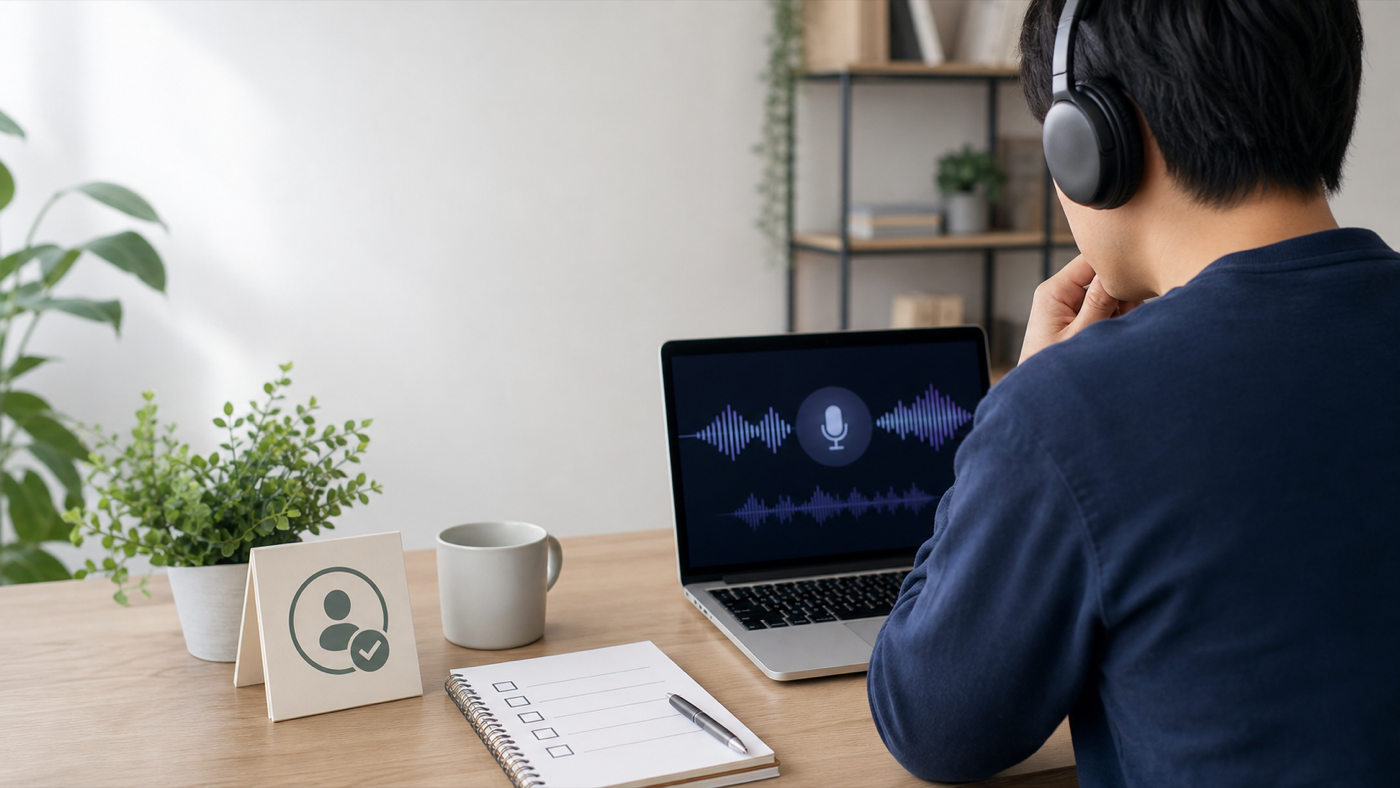 ヘッドホンを着けた人が、音声波形のあるノートPCと確認用チェックリストを机で見ている写真風のイメージ