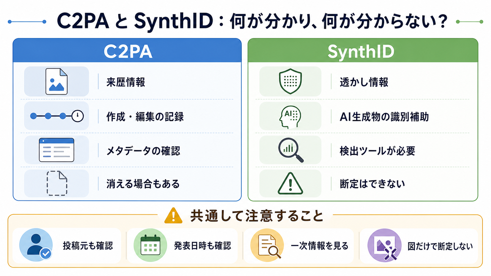 C2PAは来歴情報、SynthIDは透かし、公開検証ツールは確認窓口として役割が違うことを整理する図